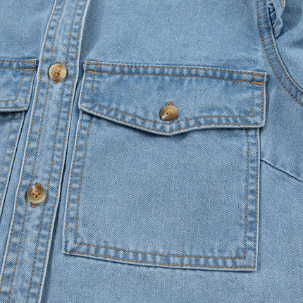 Myosotis Ruffle Detail Short Puff Sleeve Button Down Flap Pocket Denim Shirt
