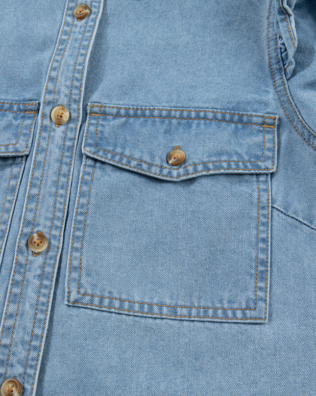 Myosotis Ruffle Detail Short Puff Sleeve Button Down Flap Pocket Denim Shirt