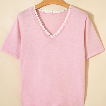 Strawberry Pink Lacy V Neckline Short Sleeve Sweater