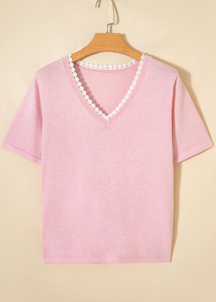Strawberry Pink Lacy V Neckline Short Sleeve Sweater