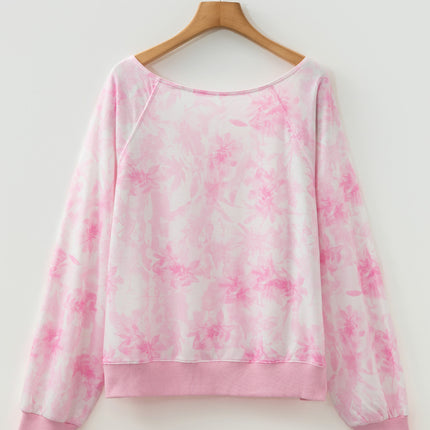 Pink Abstract Woodland Print Asymmetric Shoulder Long Sleeve Top