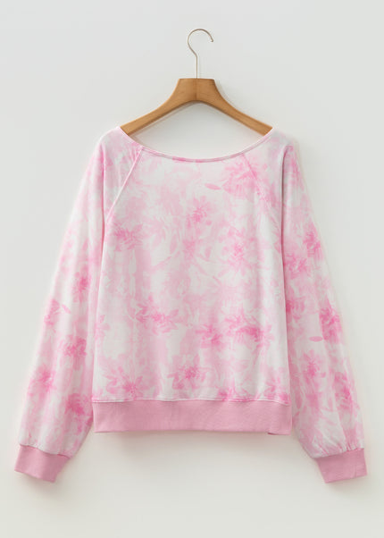 Pink Abstract Woodland Print Asymmetric Shoulder Long Sleeve Top