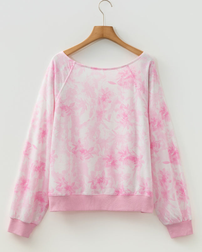 Pink Abstract Woodland Print Asymmetric Shoulder Long Sleeve Top