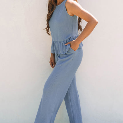 Beau Blue Solid Color Ribbed Ruffle Tank Top and Pants Set