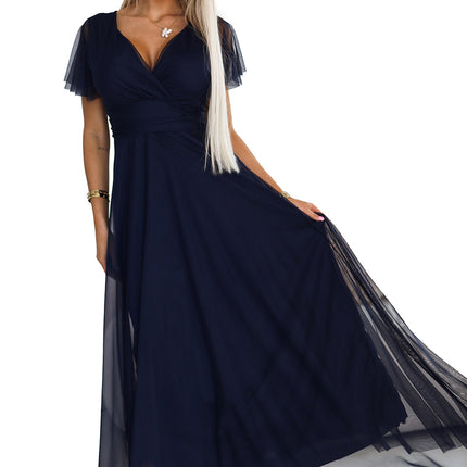 562-1 NASTIA Long dress with neckline and short sleeves - navy blue