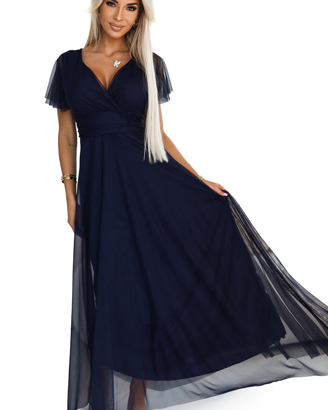 562-1 NASTIA Long dress with neckline and short sleeves - navy blue