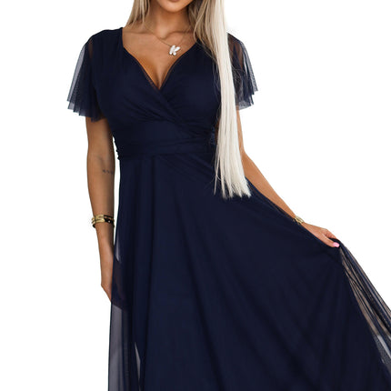 562-1 NASTIA Long dress with neckline and short sleeves - navy blue