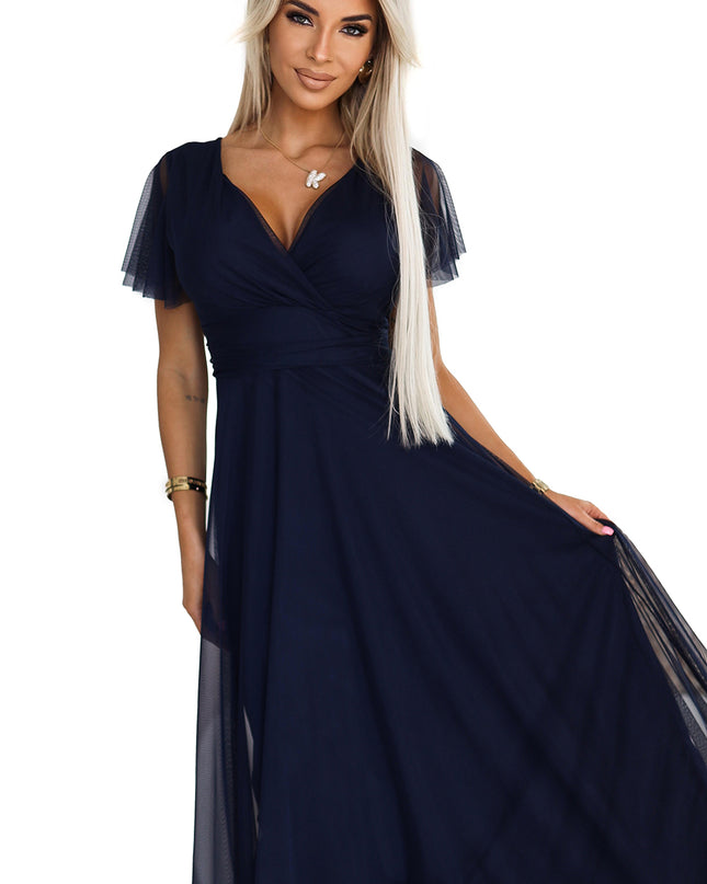 562-1 NASTIA Long dress with neckline and short sleeves - navy blue
