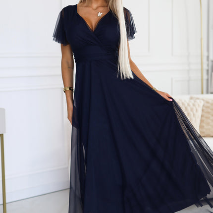 562-1 NASTIA Long dress with neckline and short sleeves - navy blue