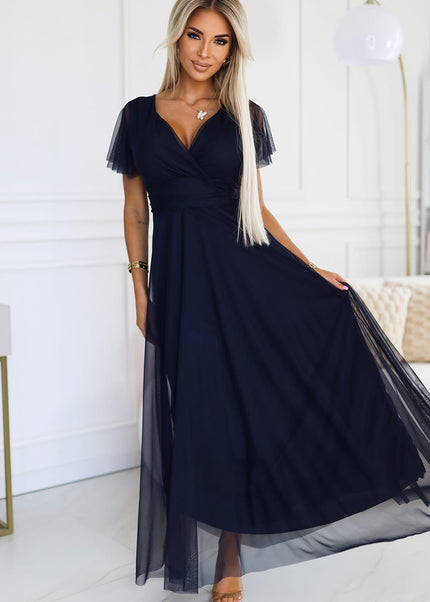 562-1 NASTIA Long dress with neckline and short sleeves - navy blue