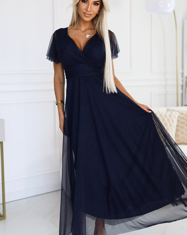 562-1 NASTIA Long dress with neckline and short sleeves - navy blue