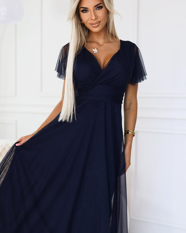 562-1 NASTIA Long dress with neckline and short sleeves - navy blue