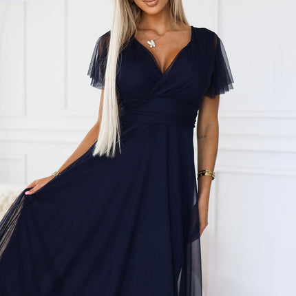 562-1 NASTIA Long dress with neckline and short sleeves - navy blue