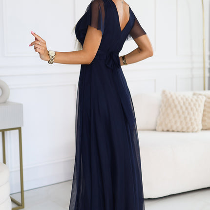 562-1 NASTIA Long dress with neckline and short sleeves - navy blue