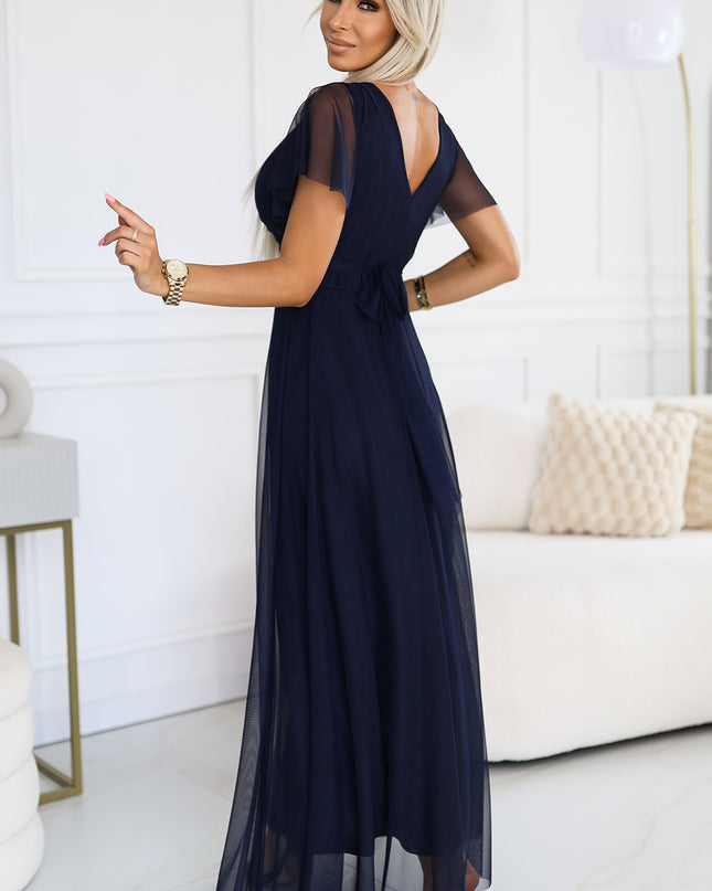 562-1 NASTIA Long dress with neckline and short sleeves - navy blue