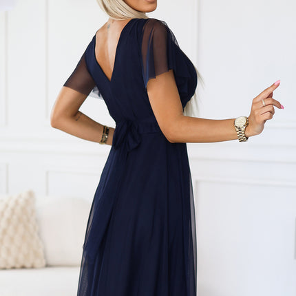 562-1 NASTIA Long dress with neckline and short sleeves - navy blue
