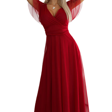 562-2 NASTIA Long dress with neckline and short sleeves - burgundy
