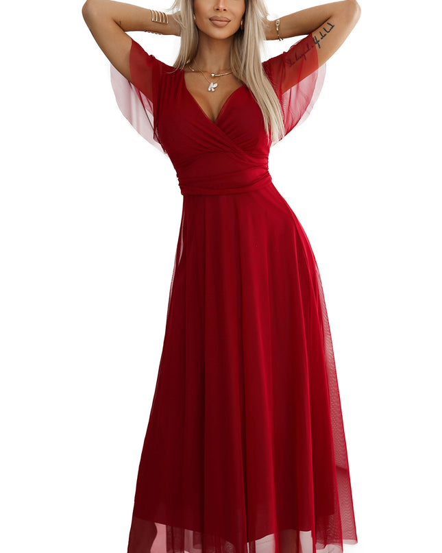 562-2 NASTIA Long dress with neckline and short sleeves - burgundy