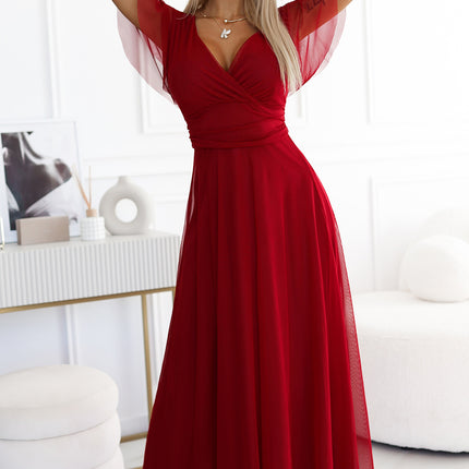562-2 NASTIA Long dress with neckline and short sleeves - burgundy