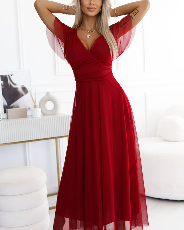 562-2 NASTIA Long dress with neckline and short sleeves - burgundy