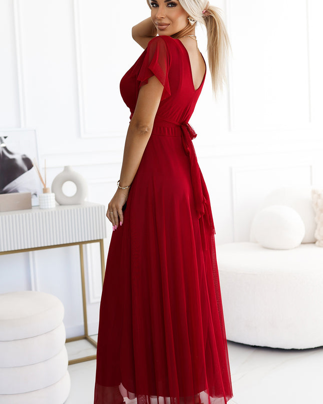 562-2 NASTIA Long dress with neckline and short sleeves - burgundy