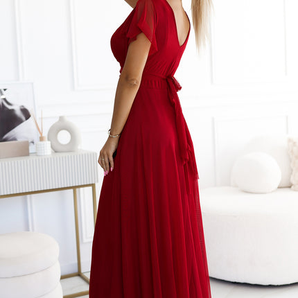 562-2 NASTIA Long dress with neckline and short sleeves - burgundy