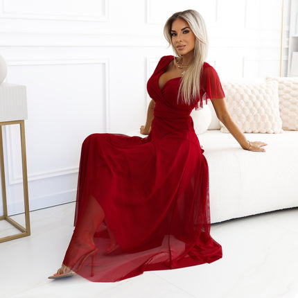 562-2 NASTIA Long dress with neckline and short sleeves - burgundy