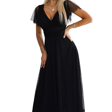 562-3 NASTIA Long dress with neckline and short sleeves - black