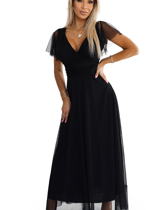 562-3 NASTIA Long dress with neckline and short sleeves - black