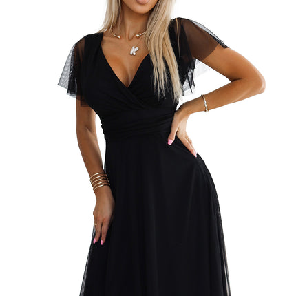 562-3 NASTIA Long dress with neckline and short sleeves - black