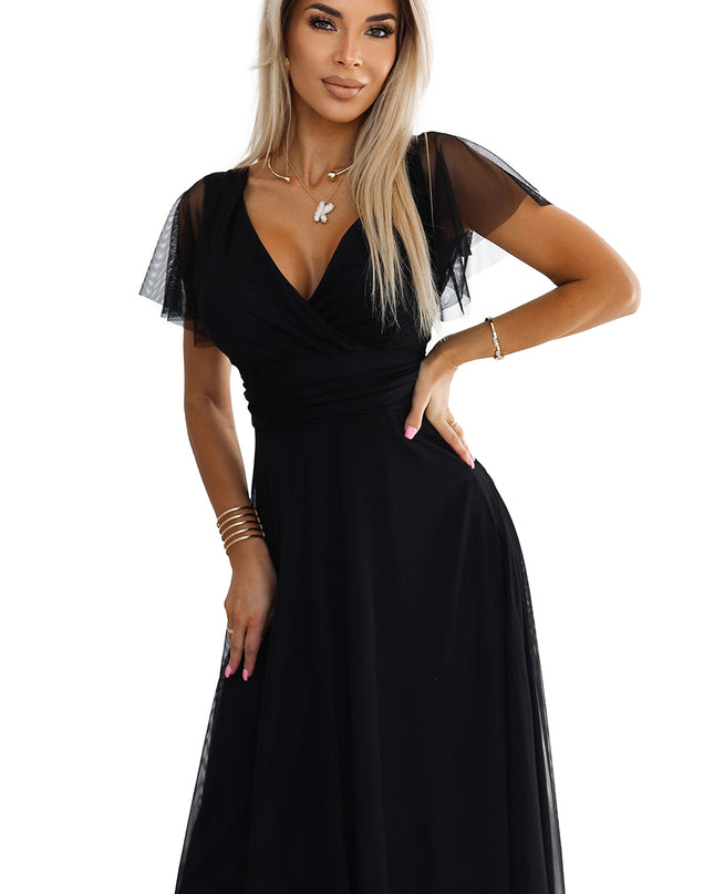 562-3 NASTIA Long dress with neckline and short sleeves - black