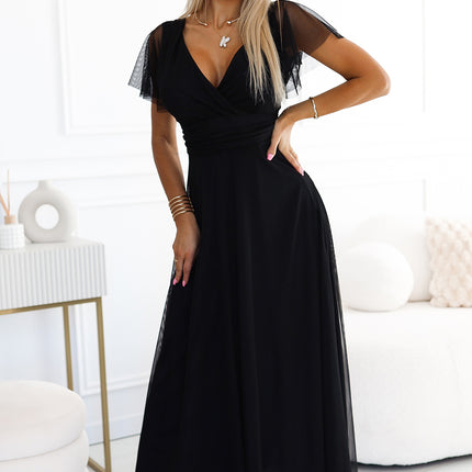 562-3 NASTIA Long dress with neckline and short sleeves - black