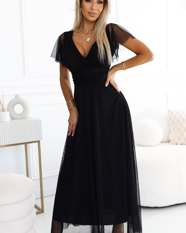 562-3 NASTIA Long dress with neckline and short sleeves - black