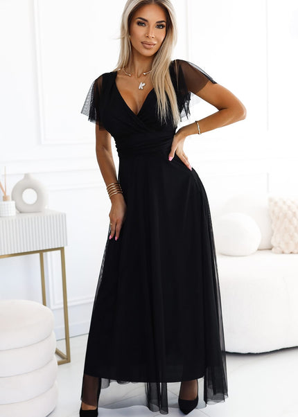 562-3 NASTIA Long dress with neckline and short sleeves - black