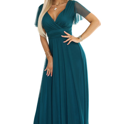 562-4 NASTIA Long dress with a neckline and short sleeves - green