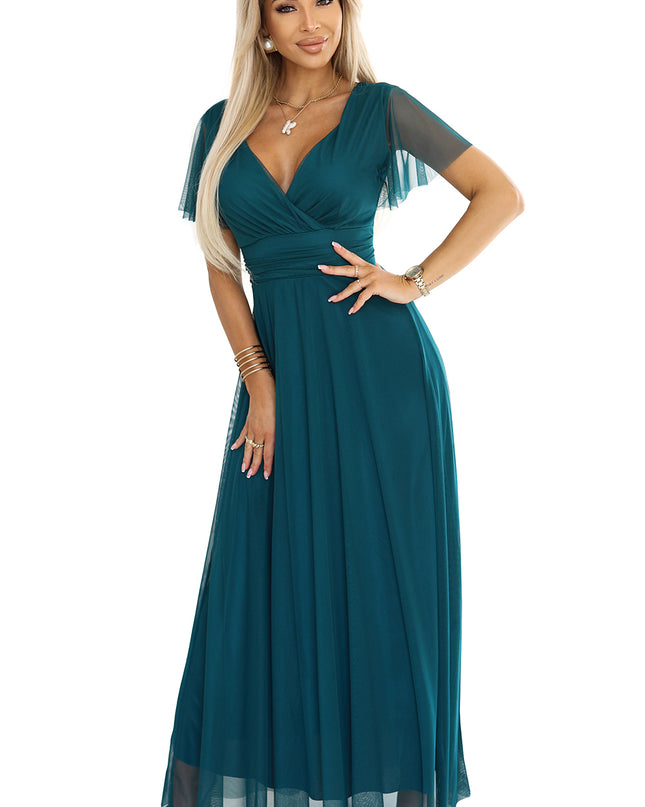 562-4 NASTIA Long dress with a neckline and short sleeves - green