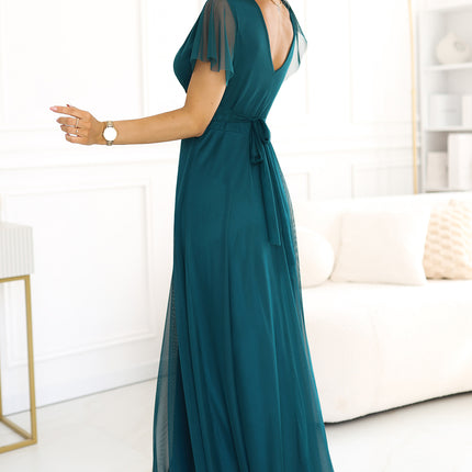 562-4 NASTIA Long dress with a neckline and short sleeves - green