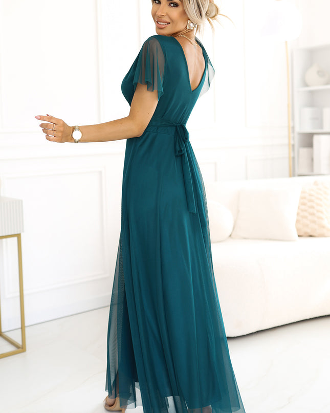 562-4 NASTIA Long dress with a neckline and short sleeves - green