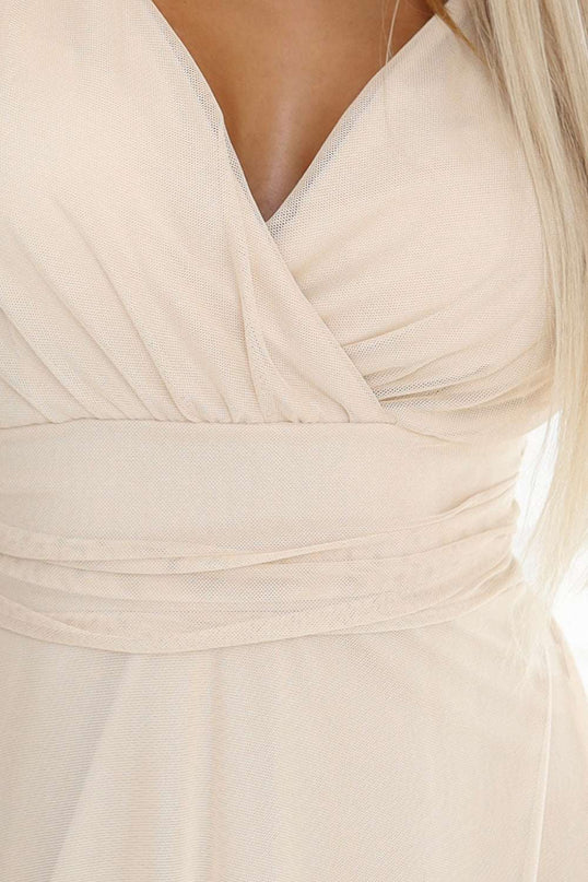 562-6 NASTIA Long dress with a neckline and short sleeves - beige