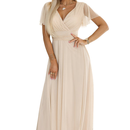 562-6 NASTIA Long dress with a neckline and short sleeves - beige