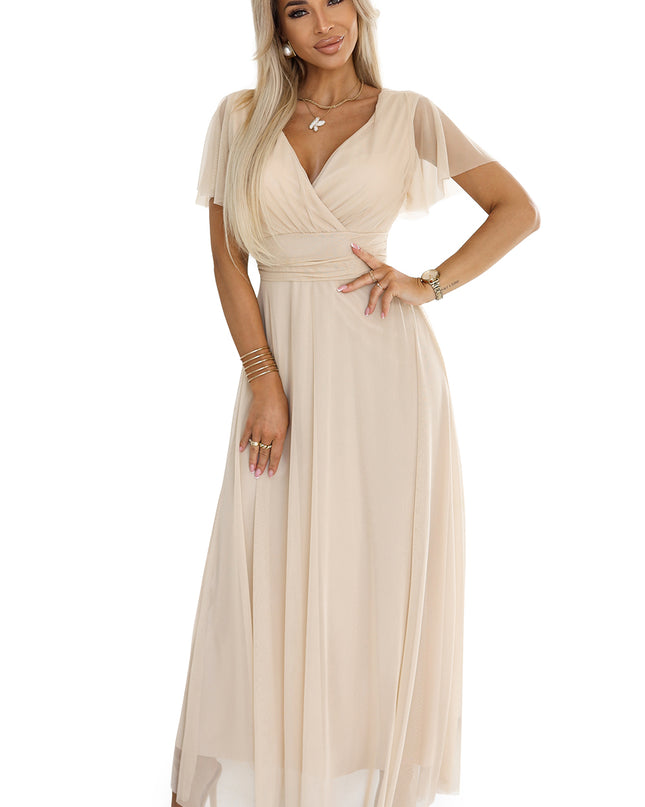 562-6 NASTIA Long dress with a neckline and short sleeves - beige
