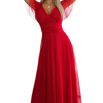 562-7 NASTIA Long dress with a neckline and short sleeves - red