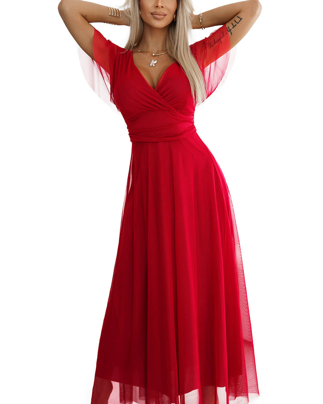 562-7 NASTIA Long dress with a neckline and short sleeves - red