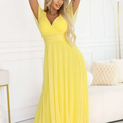 562-8 NASTIA Long dress with a neckline, tie and short sleeves - lemon limoncello