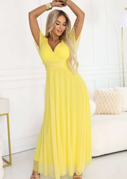 562-8 NASTIA Long dress with a neckline, tie and short sleeves - lemon limoncello