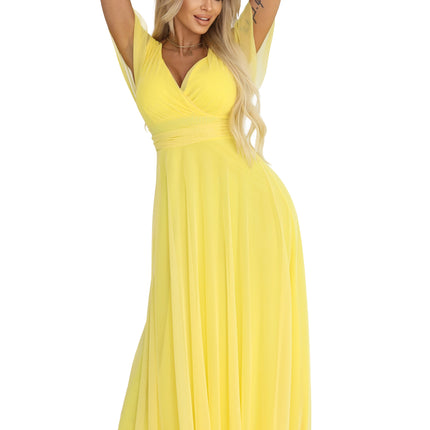 562-8 NASTIA Long dress with a neckline, tie and short sleeves - lemon limoncello