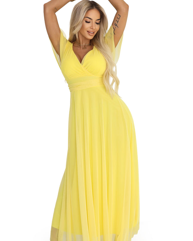 562-8 NASTIA Long dress with a neckline, tie and short sleeves - lemon limoncello