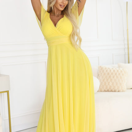 562-8 NASTIA Long dress with a neckline, tie and short sleeves - lemon limoncello