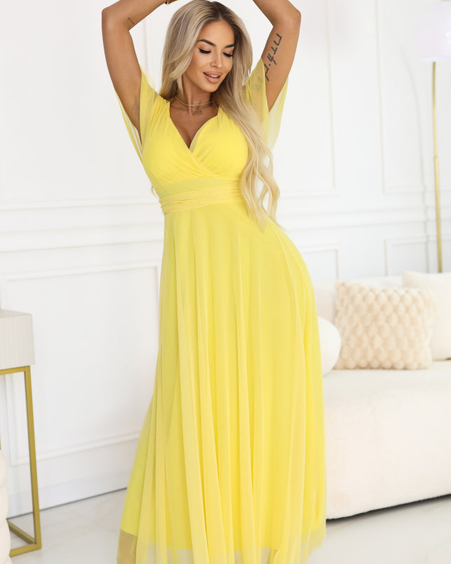 562-8 NASTIA Long dress with a neckline, tie and short sleeves - lemon limoncello