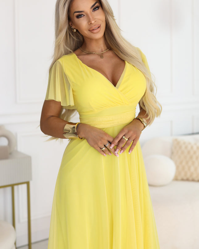 562-8 NASTIA Long dress with a neckline, tie and short sleeves - lemon limoncello